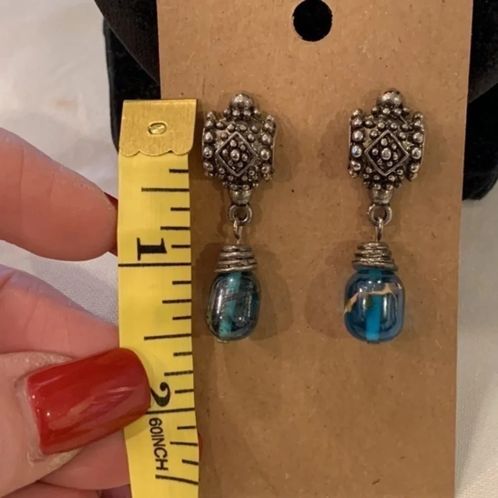 💐5/25 silver tone blue art glass round bead dangle drop - Picture 5 of 6